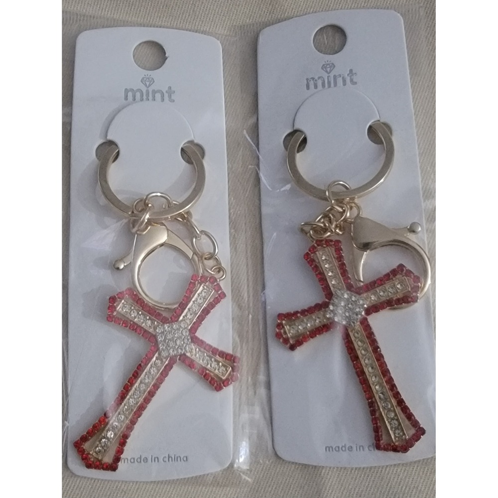 Rhinestone‎ Cross Keychains Gold Tone Red Clear Crystal Bag Charm NWT 7.00 EACH